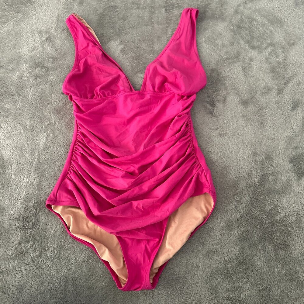 J. Crew Fuschia V-Neck Ruched One Piece Swimsuit Women's size 10 Swim